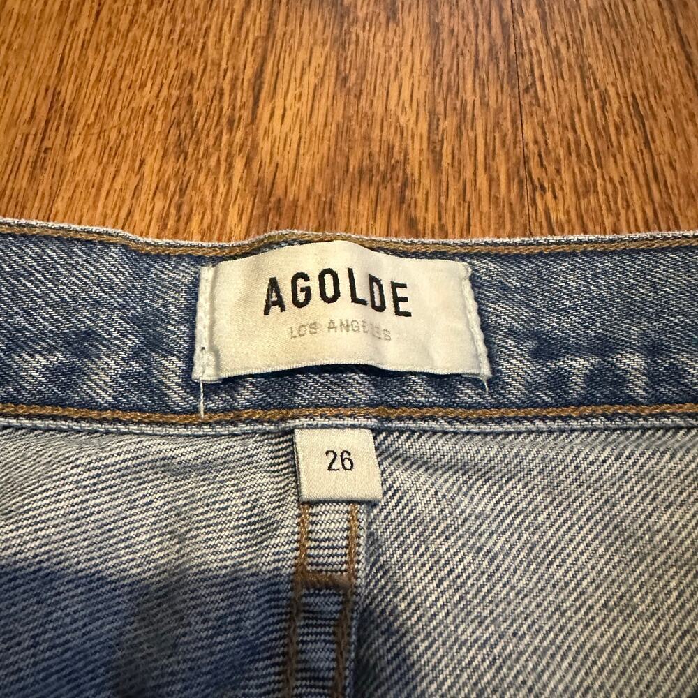 Agolde blue Riley 100% cotton raw hem 26 button fly high rise crop straight - Picture 6 of 11